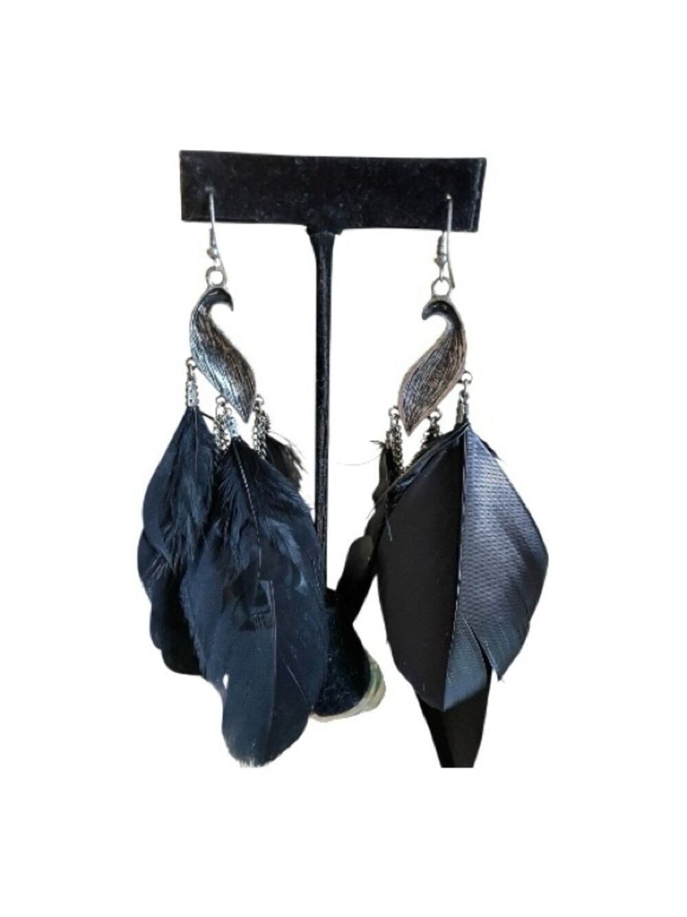 Pamela Silver and Black Feather Peacock Earrings with Chains